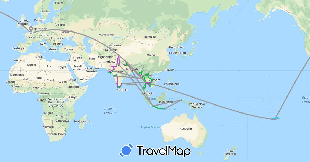 TravelMap itinerary: driving, bus, plane, train, boat in France, Indonesia, India, Cambodia, Laos, Myanmar (Burma), Nepal, French Polynesia, Thailand (Asia, Europe, Oceania)