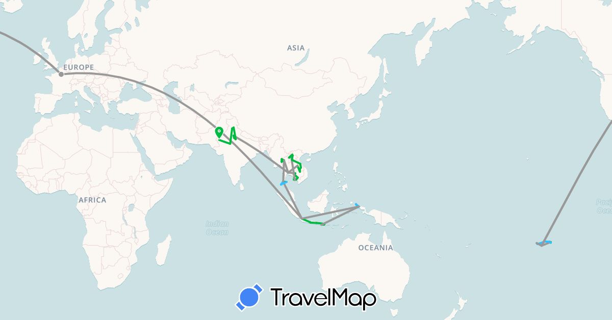TravelMap itinerary: driving, bus, plane, boat in France, Indonesia, India, Cambodia, Laos, French Polynesia, Thailand (Asia, Europe, Oceania)